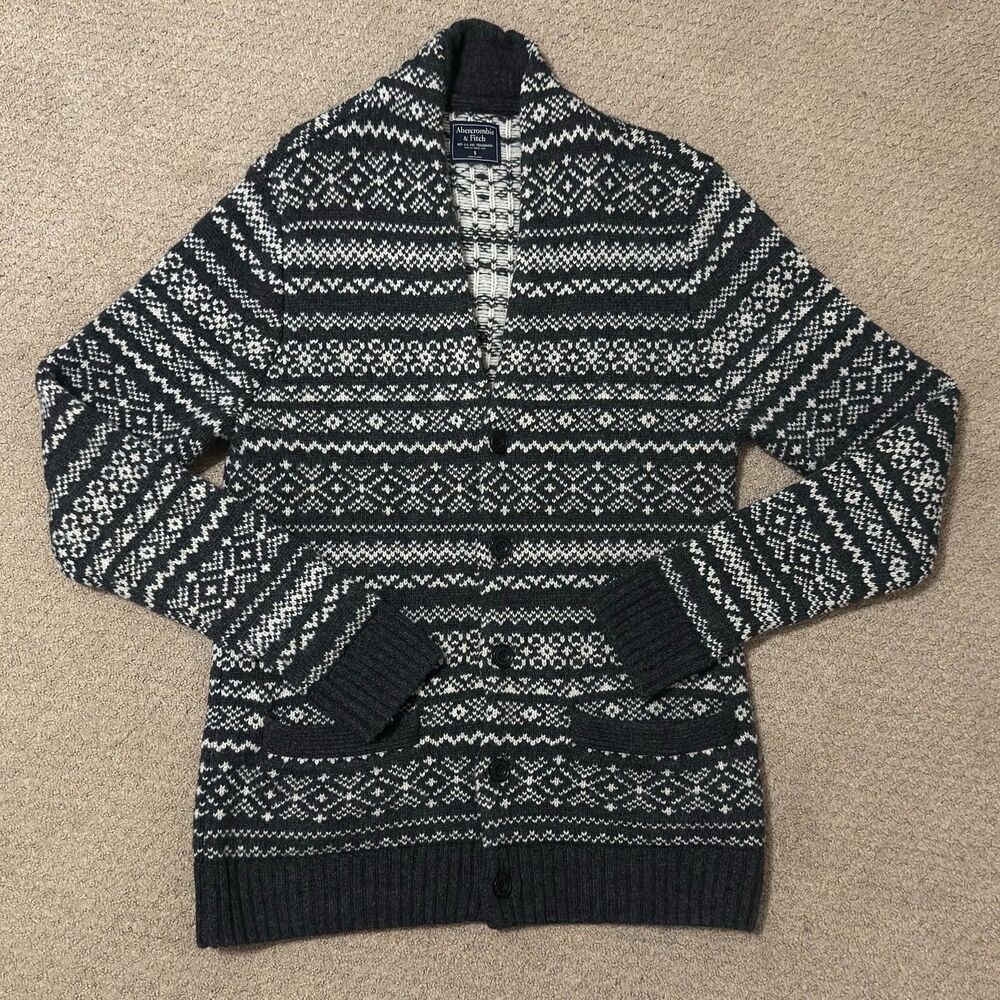 Abercrombie & Fitch Fair Isle Wool Cardigan Mens S Shawl Collar Nordic Sweater
